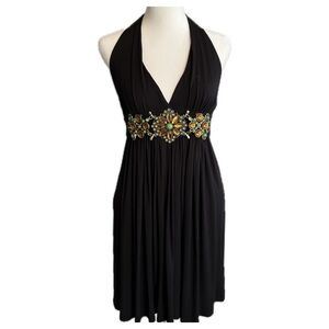 Vintage Metal and Crystal Embellished Black Halter Dress